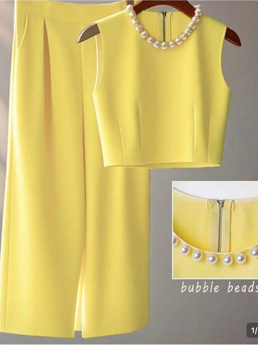 SHEIN Yellow Pearl-Trim Crop Top & Wide-Leg Pants Set